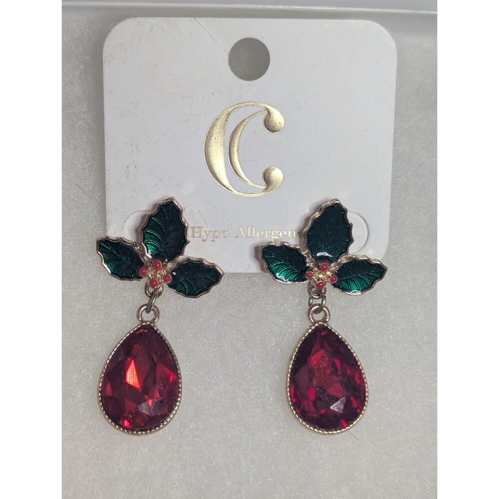 Charming Charlie NWT Christmas Holly Berries Red Crystal Teardrop Earrings
